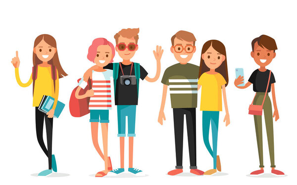 Big set group of diverse flat cartoon vector characters style young people couples in different poses standing together isolated on white background. Crowd people. Casualy looking dressed men women.