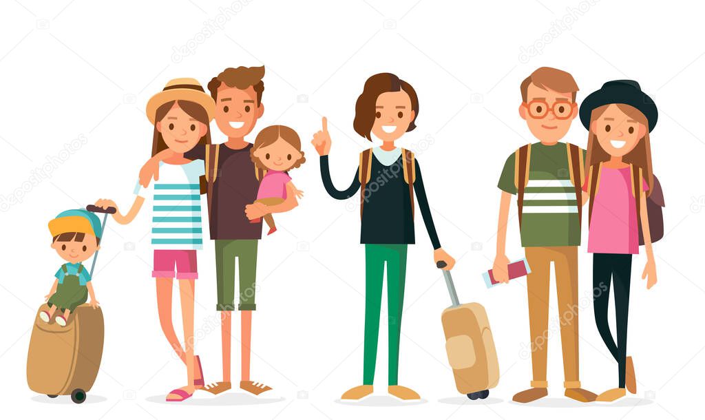 Set group of young tourists traveling people with travel bag backpack and map, family of 4 four with kids sun daughter going on vacation trip. Travelers portrait collection .Travel and tourism concept