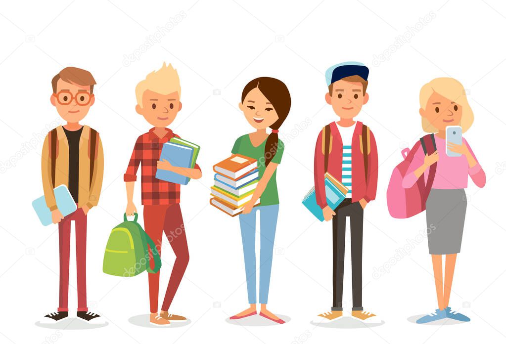 Group friends, university fellow students classmates standing together holding books. Group of learners young people. Vector illustration. Flat design