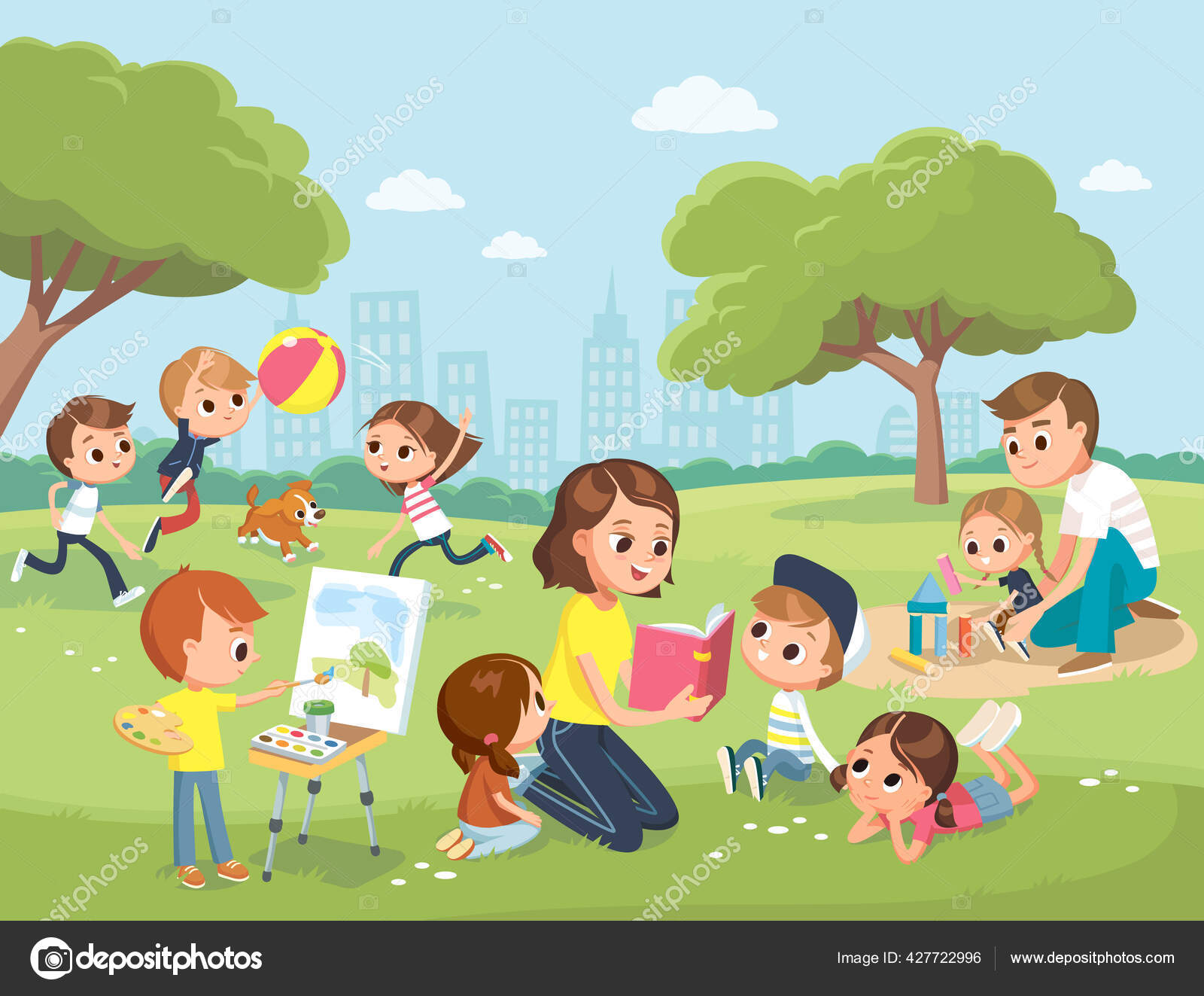 Premium Vector | Children in the park playing sketch hand drawn