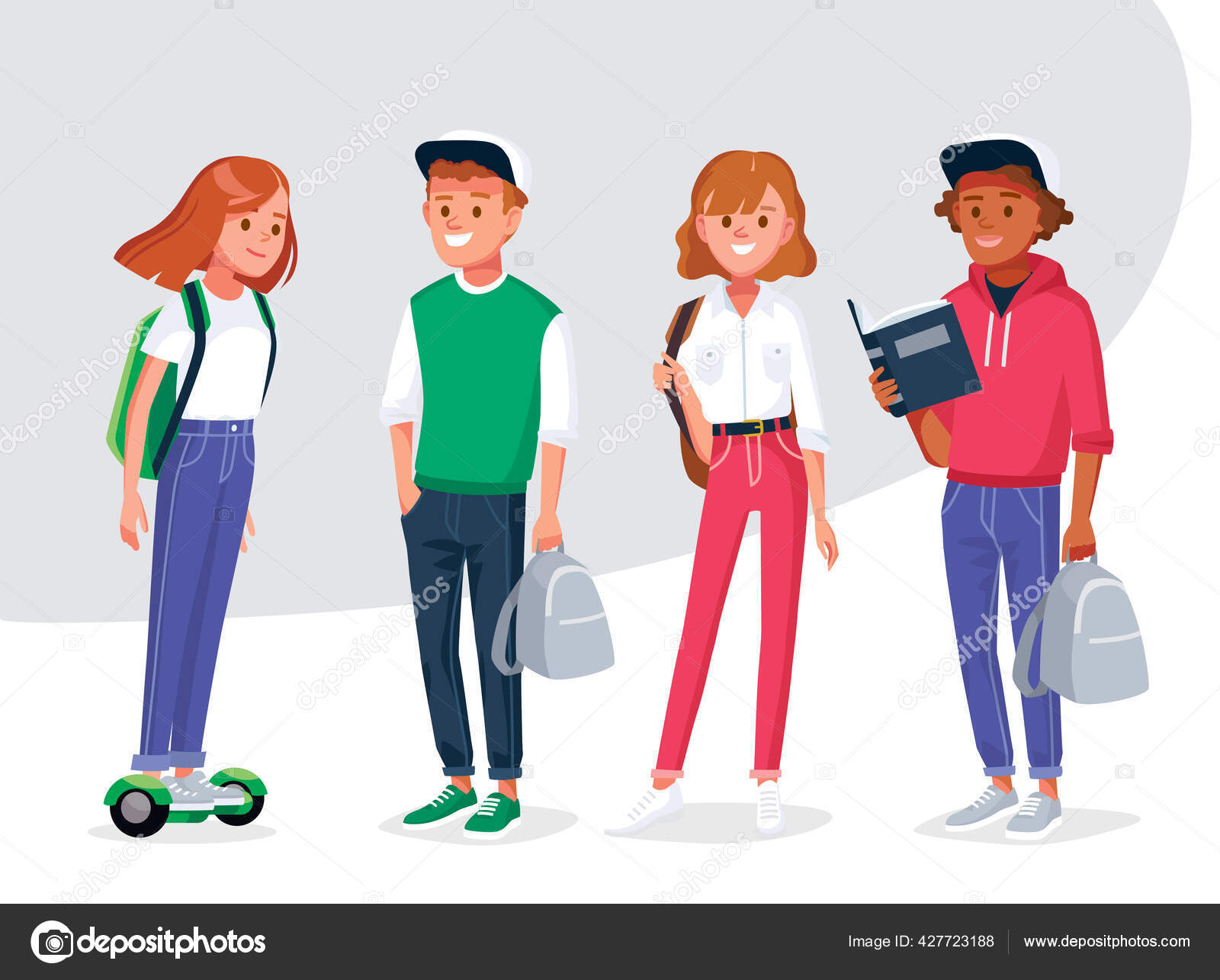 Diversos Estudiantes Universitarios Universitarios Con Mochilas Libros  Estudiantes Diferentes Nacionalidades Vector de stock #427723188 de  ©olga1818, image size:1600x1285