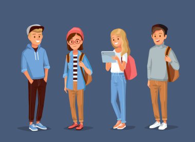 Group friends, university fellow students classmates standing together with gadgets holding books. Group of learners young people. Vector illustration. Flat design clipart