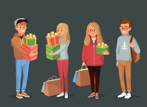 Ομάδα Τεσσάρων Νέων Φοιτητών Χριστουγεννιάτικα Δώρα Κουτιά Δώρα Και Τσάντες — Διανυσματικό Αρχείο