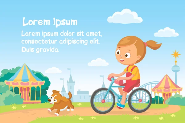 Vektor Flicka Kvinna Rider Cykel Cykel Naturligt Sommarlandskap Gångväg Spår — Stock vektor