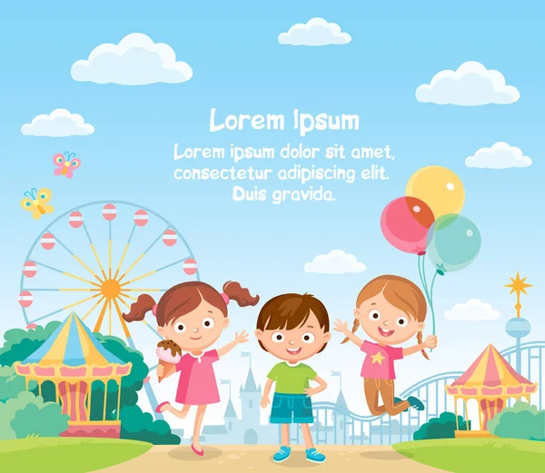 Vector Kinder Zeichentrickfiguren Spaß Vergnügungspark Spielen Herumhängen Freizeit Haben Eis — Stockvektor