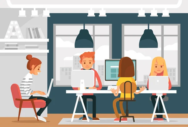 Arbeitsbereich Büroeinrichtung Mit Kreativ Arbeitenden Menschen Loft Des Öffentlichen Arbeitsplatzes — Stockvektor