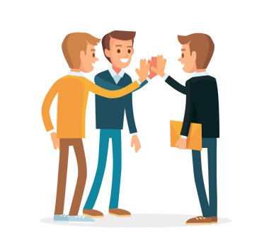 Takım oluşturma, iş arkadaşları, takım çalışması, başlangıç konsepti. Ofis çalışanları el çırparak beşlik çakıyor. Ofis ortaklaşa çalışma birliği. Ofis kardeşliği birliği. Bir grup ofis çalışanı
