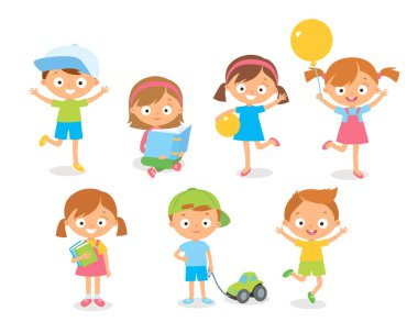 Oyun oynayan, değişik pozlarda etkinlik yapan vektör sevimli bebek grupları oluşturun. Çocuklar mutlulukla zıplar, taşınır, hads ile selamlaşır. Keyifle eğlenir, oynar, takılır.