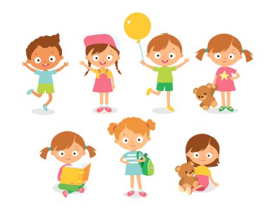 Oyun oynayan, değişik pozlarda etkinlik yapan vektör sevimli bebek grupları oluşturun. Çocuklar mutlulukla zıplar, taşınır, hads ile selamlaşır. Keyifle eğlenir, oynar, takılır.
