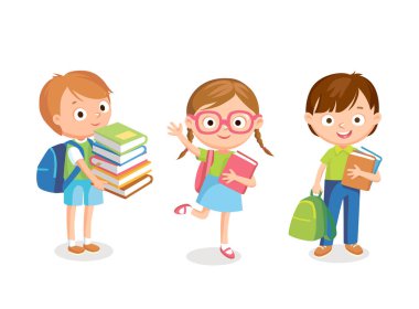 Çocukların, kız ve erkek çocukların okul üniforması içinde kitap ve sırt çantalarıyla beklediği bir vektör seti. Çizgi film karakterleri izole edildi. Gözlüklü kız elleriyle el sallıyor..