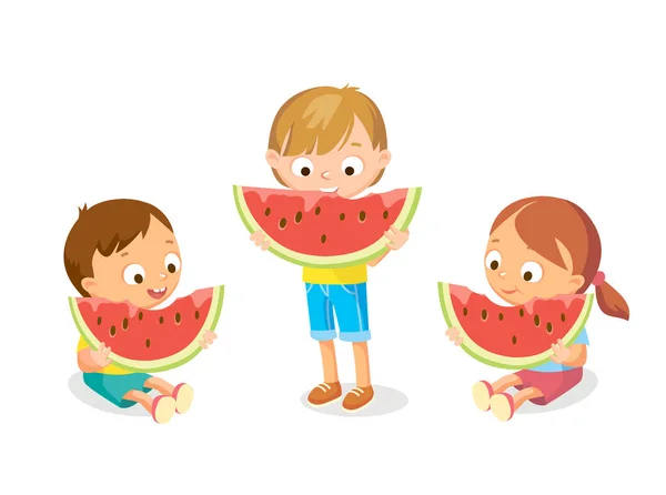 Imagen Aislada Vectorial Niños Comiendo Sandía Roja Grande Niño Niña — Vector de stock