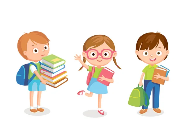 かわいい小さな子供たちのベクトルセット学校の制服で本やバックパックで立っている女の子と男の子のパイプル 本のイラストのための漫画の文字は隔離されました — ストックベクタ