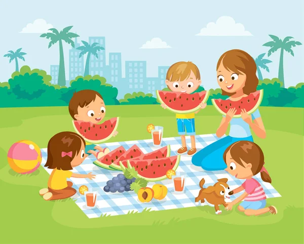 Vector Porträt Mutter Und Kinder Kinder Essen Große Rote Wassermelone — Stockvektor