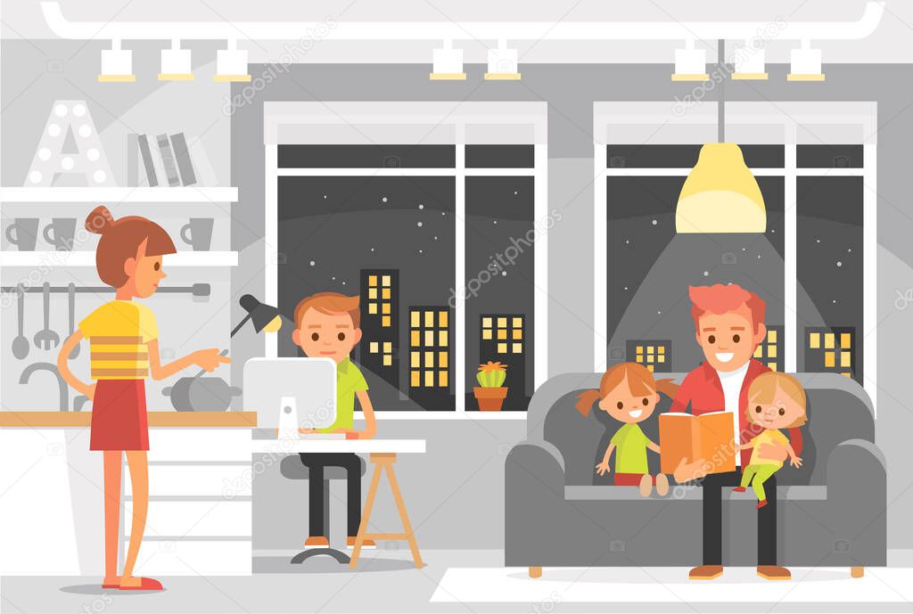 Vector portrait of full big young whole family, all members gather together at home at week end in house interior,in shared living common room space.Family daily activities on everyday domestic life.