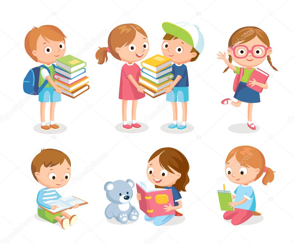 Vector set of cute little children kids girls and boys sitting, standing on the floor and reading books. Boy and girl hold pile of books together.Girl reading to teddy bear.Cartoon characters for book