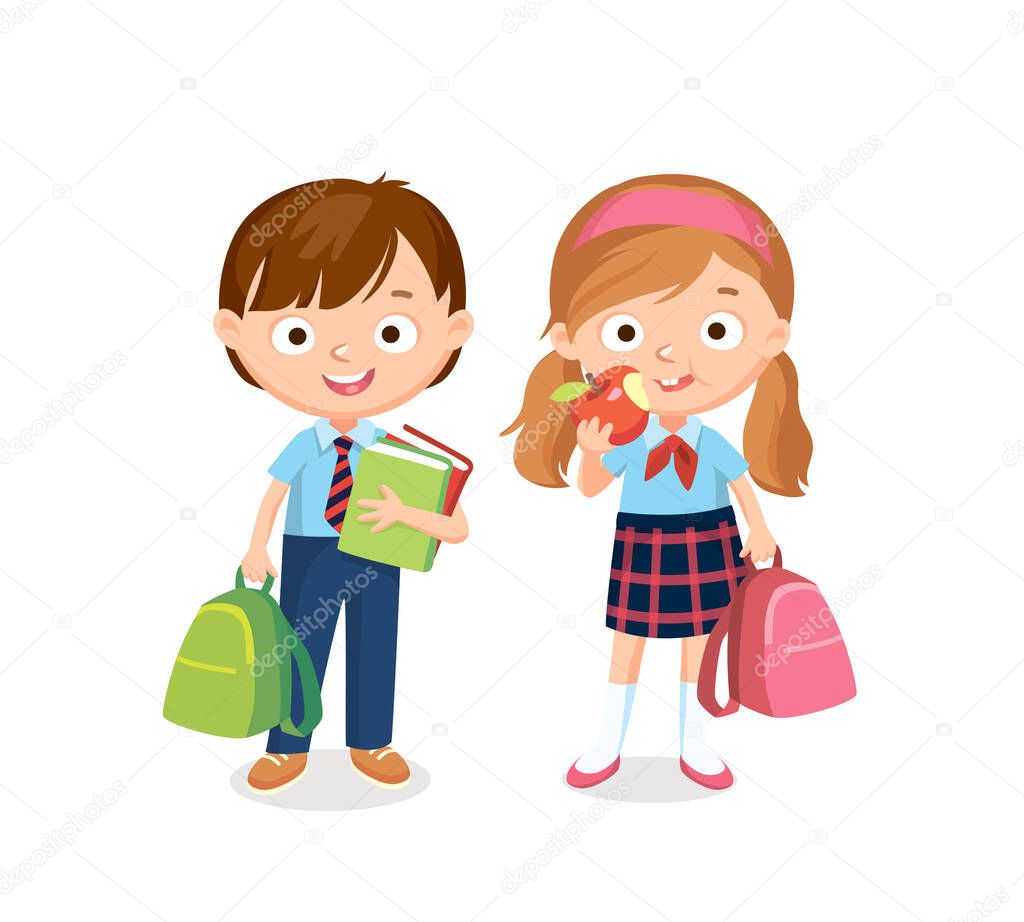 Vector set of cute little children kids pupils girl and boy standing with books and backpacks in school uniform, neckties. Cartoon characters for book illustration.Girl with ponytails eating apple