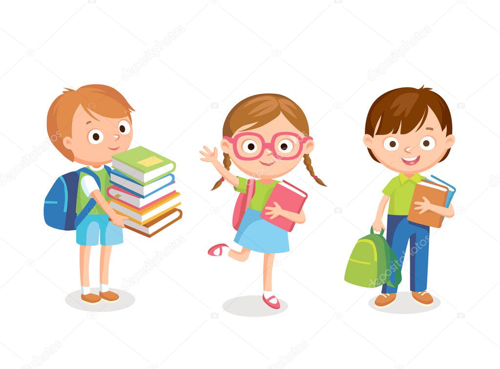 Vector set of cute little children kids piples girl and boys standing with books and backpacks in school uniform. Cartoon characters for book illustration isolated.Girl in glasses wave with her hand.
