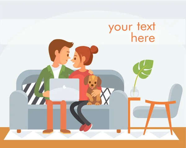 강아지와 소파에 인터넷 쇼핑을 비디오 채팅을 대화를 나누고 노트북으로 비디오 — 스톡 벡터