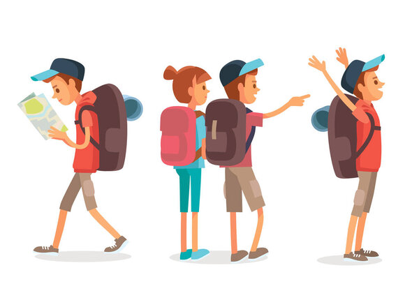 Vector set group of young tourist traveling man walking with travel bag backpacks and map,going on vacation trip.Travelers couple, pair. Hiker traveller stands with hands raised up. Tourism concept.