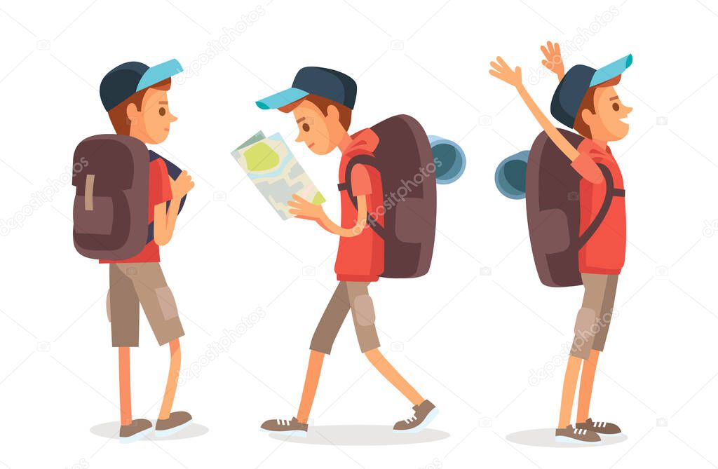 Vector set group of young tourist traveling man walking with travel bag backpacks and map,going on vacation trip.Travelers collection. Hiker traveller stands with hands raised up. Tourism concept.