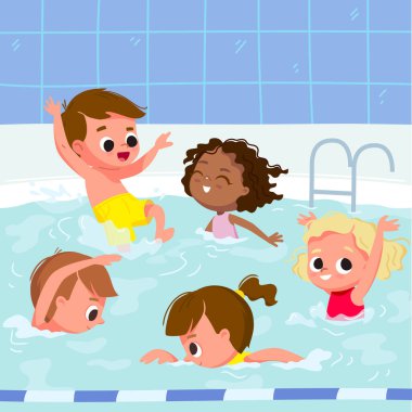 Çocuklar yüzme kursunda yüzmeyi öğreniyor. Su parkındaki çocuklar yüzme havuzunda yüzüyor, dalıyor ve zıplıyor. Eğlenceli su sıçratıyor..