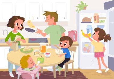 Vektör. Aile mutfakta kahvaltı yapıyor. Anne çocukları besliyor. Baba pankek pişiriyor. Bütün aile, tüm üyeler evde, mutfakta, evin içinde. Buzdolabı, içinde yiyecek olan buzdolabı..
