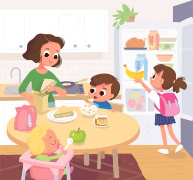 Aile mutfakta kahvaltı yapıyor. Anne çocukları besliyor. Tüm ailenin vekil portresi, tüm üyeler evin içindeki mutfakta toplanıyor. Buzdolabı, içinde yiyecek olan buzdolabı..