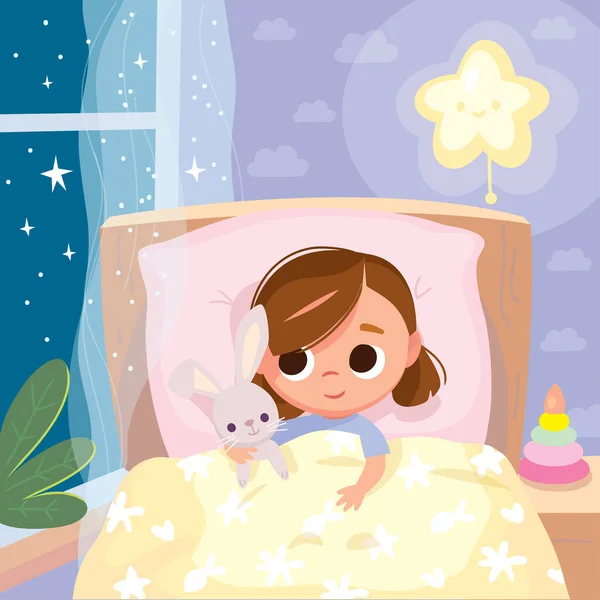 Portrait Sleepy Baby Girl Lying Bed Cover Holding Imaginary Friend — Stock Vector
