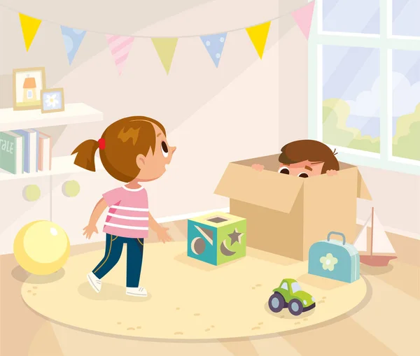 Ilustración Vectorial Niños Niños Niños Niñas Juegan Escondite Sala Juegos — Archivo Imágenes Vectoriales