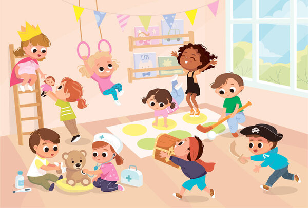 Vector children play together in kinder garden.Kids doing pirates role play.preschool kids have fun.Girls play twister game.Children doctors examining teddy bear with stethoscope.Boy with hockey stick