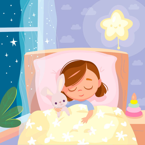Portrait of sleepy baby girl lying in the bed under cover holding with imaginary friend,bunny rabbit toy in bedroom. Bed time for kids.Wish her sweet dreams.Get ready for bedtime.Kid prepare go to bed