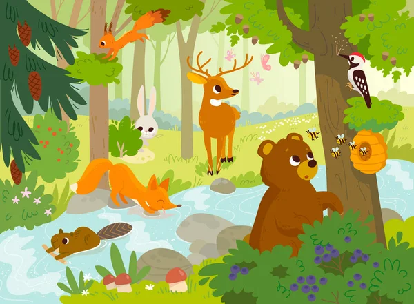 Rajzfilm Vektor Állatok Élnek Erdőben Erdei Fauna Erdőlakók Medve Mézet — Stock Vector