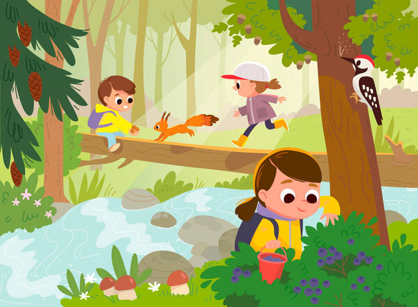 Forest school movement activities. Mushroom hunting, mushrooming, picking forest wild berries. Kids go walking to the woods by fallen tree bridge across the stream. Children gets out in the fresh air.