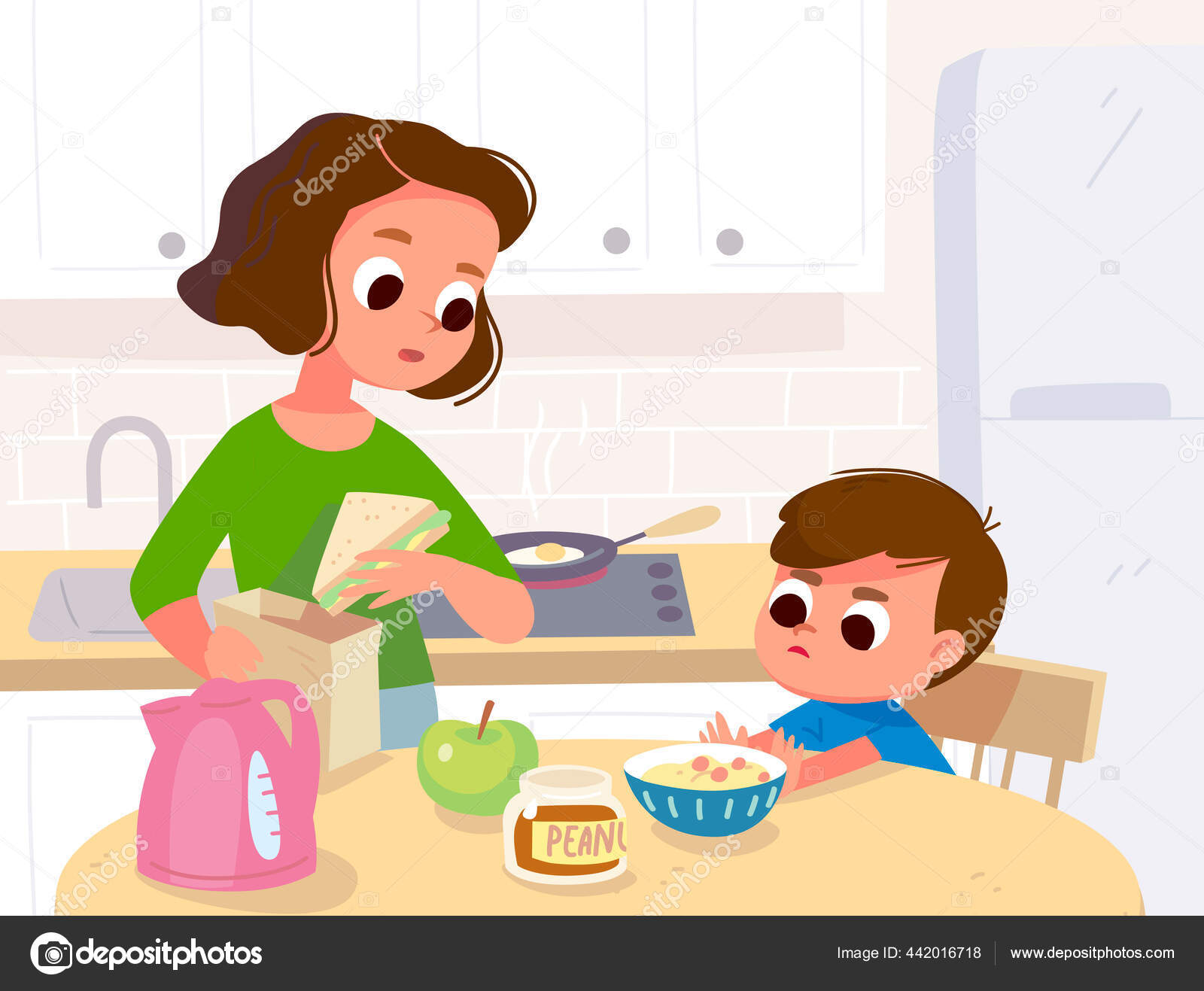 mãe sorridente e filho pequeno fazem smoothie de frutas saudável no  liquidificador na cozinha de casa. feliz mãe e filho preparam bebida  nutritiva ou suco. comer vitamina e vegetariano. ilustração vetorial.  13353259