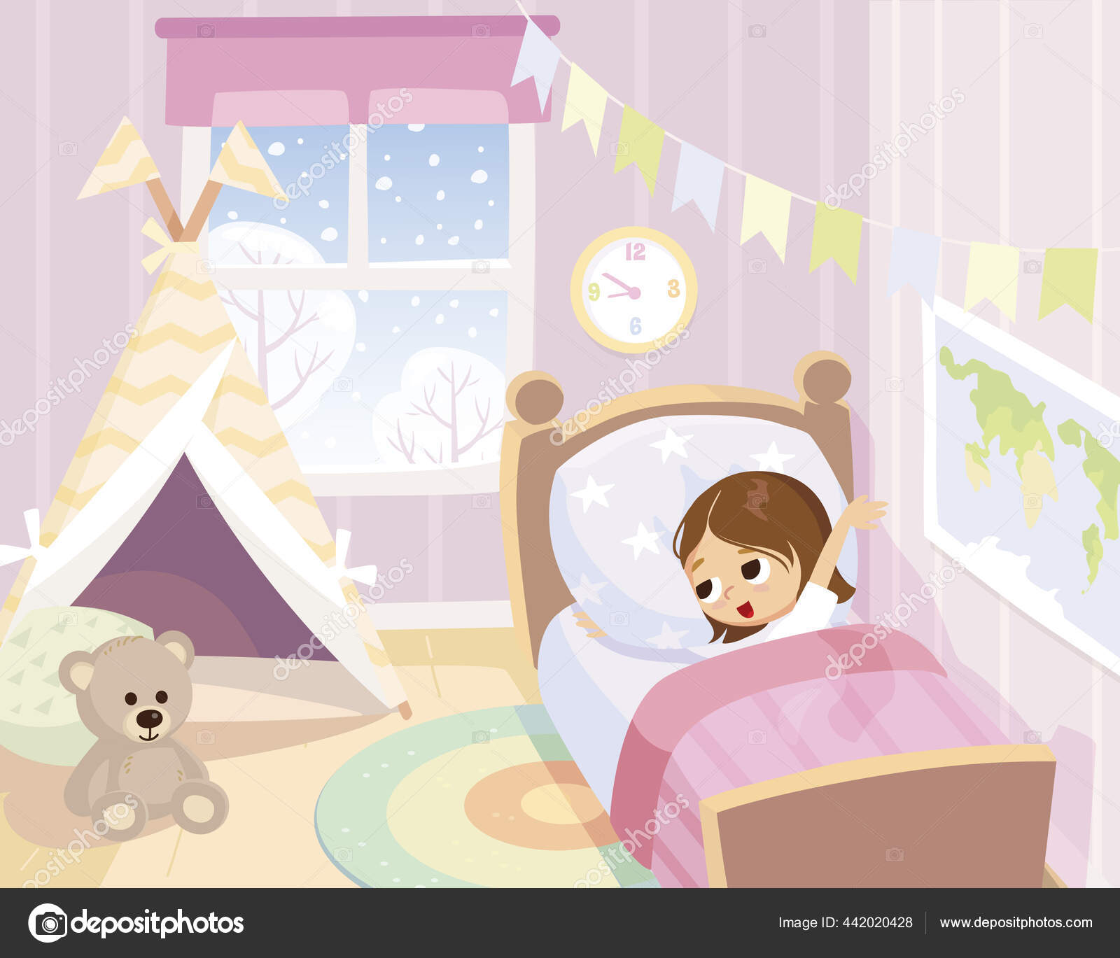 Child Girl Wakes Winter Morning Her Bedroom Morning Awakening Portrait Stock Vector Image By C Olga1818