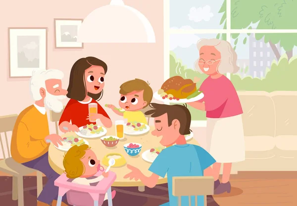 Vektor Potret Keluarga Makan Malam Duduk Sekitar Meja Tiga Generasi - Stok Vektor