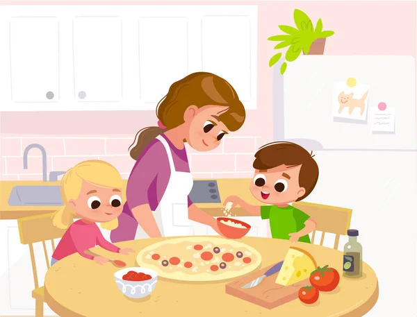 Madre Con Los Niños Preparando Cocinar Pizza Casera Mamá Con — Archivo Imágenes Vectoriales