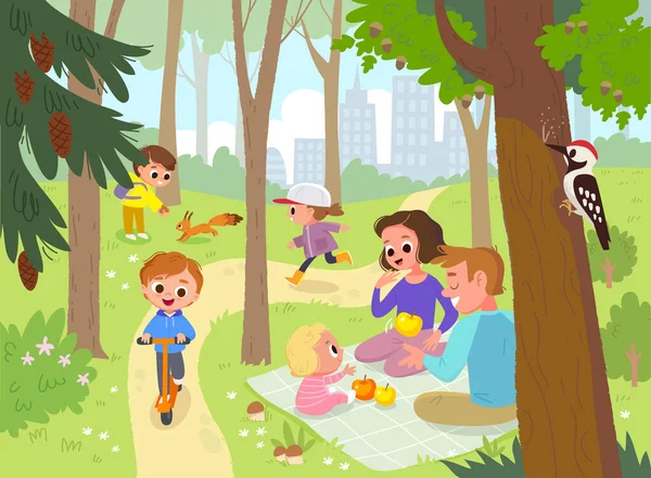 Vector Familia Niños Caminando Pasar Tiempo Divertirse Juntos Aire Libre — Vector de stock