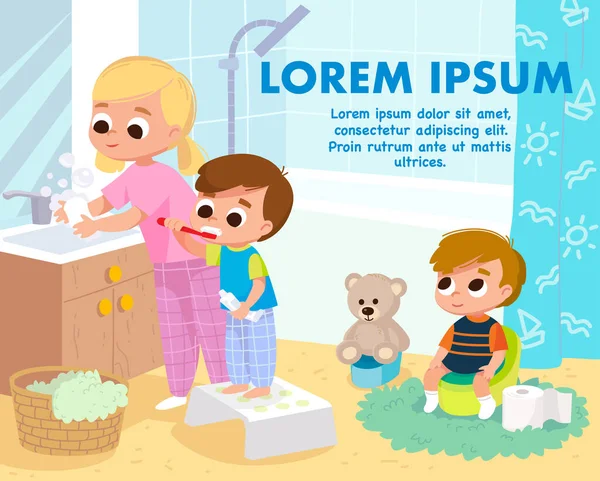 Niños Baño Haciendo Actividades Diarias Higiene Para Niños Niño Pequeño — Vector de stock