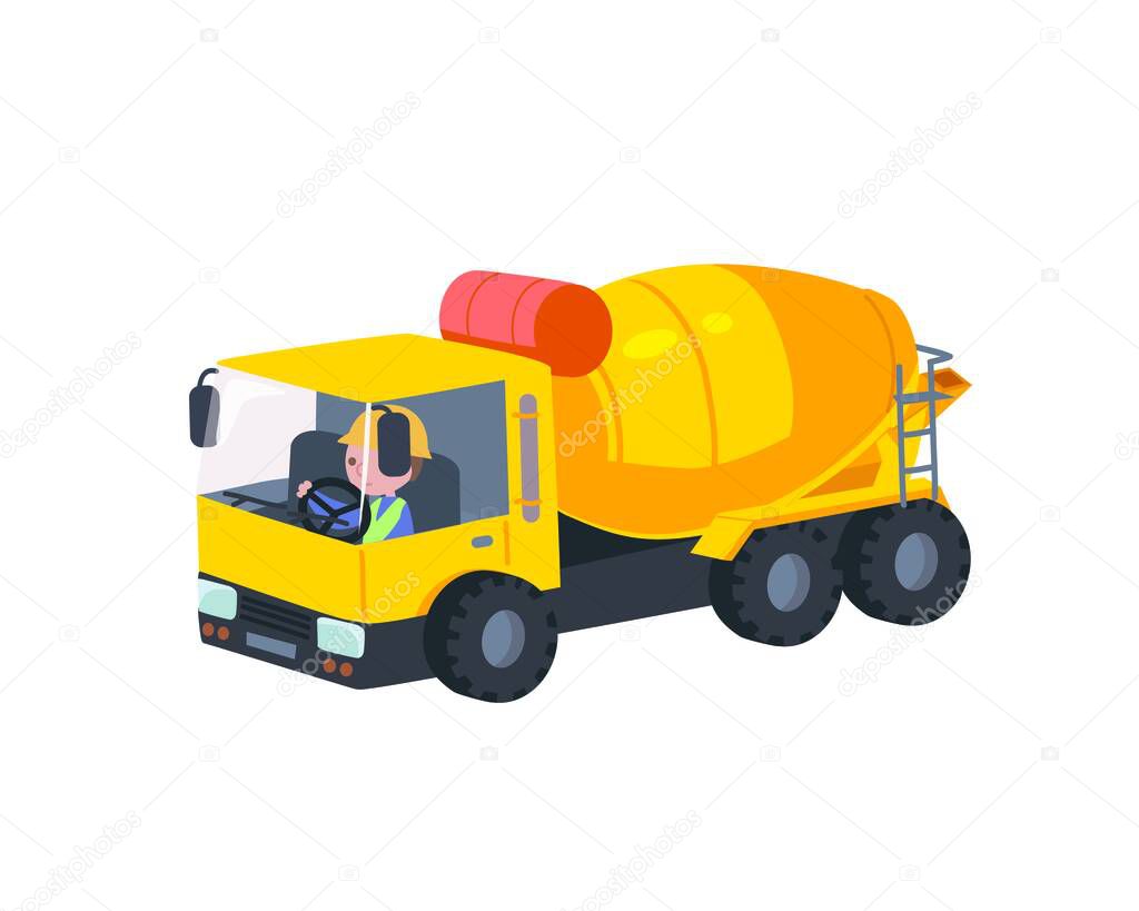 Vector cartoon children's baby childish style mixer truck carries load, concrete . Comic vector illustration of a vehicle character for a book. Helper cars. Flat design.