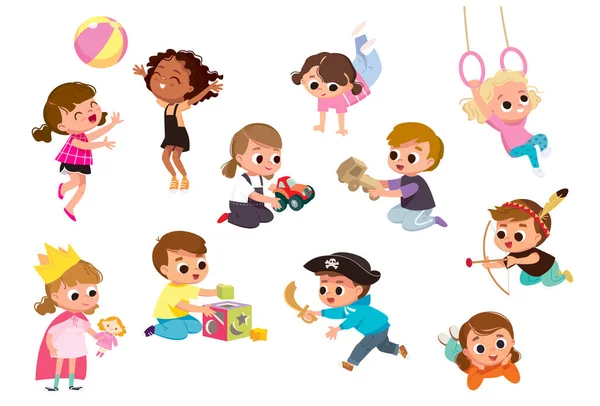 Set Group Collection Vector Cute Babies Kids Characters Playing Doing — стоковый вектор