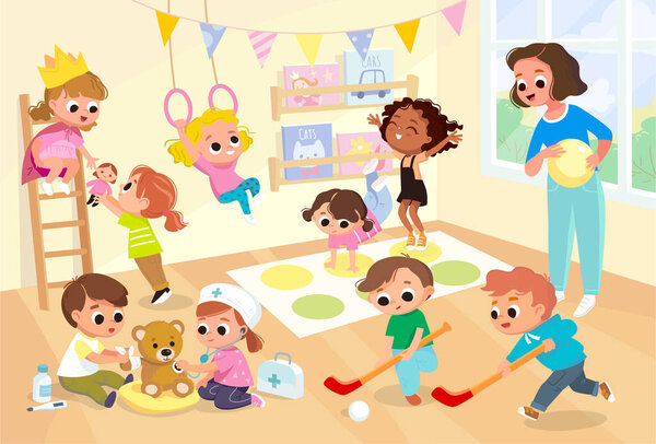 Дети учащиеся играют вместе, веселятся, дурачатся в хорошем настроении, на игровой комнате, на детской площадке. Детям дошкольного возраста весело. Деятельность детей в детском саду, начальная школа.