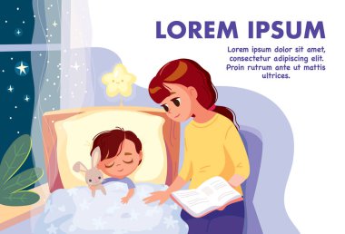Anne çocuğunu yatırmak için masal okur. Bebek kitap okuduktan sonra uyuyor. Genç anne yatağın yanında oturan oğluna masal okuyor. Annem yatak odasında masal anlatır. Vektör