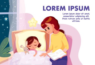 Anne çocuğunu yatırmak için masal okur. Küçük kız kitap okuduktan sonra uyuyor. Genç anne yatağın yanında oturan kızına masal okuyor. Annem yatak odasında hikaye anlatır..