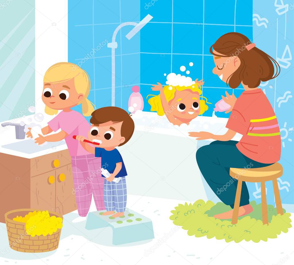 Children in bathroom doing everyday hygiene activities for kids,little boy cleaning the teeth, little girl washing hands with soap. Mother bathing baby. Mum washing baby.