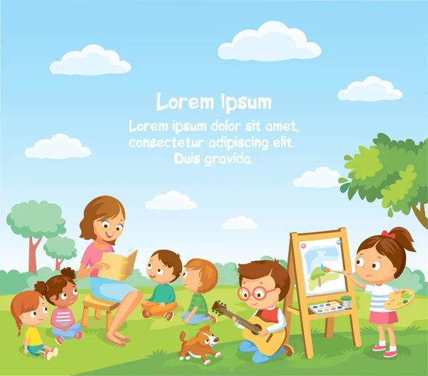 Grupo Niños Jugando Pasar Tiempo Juegos Divertirse Tontear Actividades Verano — Vector de stock