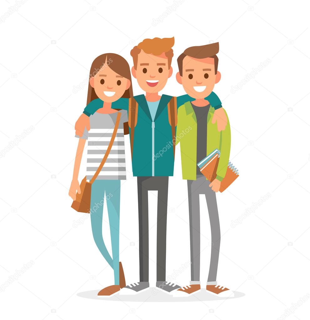 Group of 3 three friends, university fellow students classmates, buddies, pals standing together hugging posing for keepsake photograph. Group of learners young people. Vector illustration. Flat.