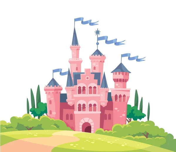 Vektor Illustration Für Kinder Mit Rosafarbenem Schloss Mittelalterliche Märchen Magische — Stockvektor