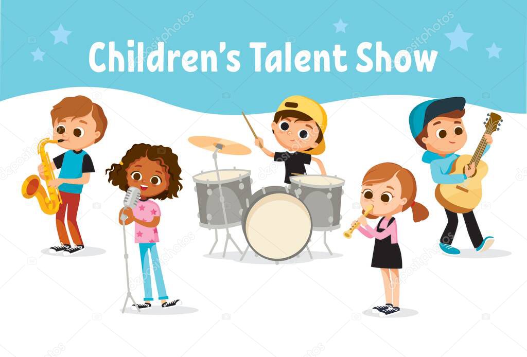 Cartoon kids, children, students playing music on musical instruments and singing. Musical activities for children. School music band, ensemble, musical group performing at school evening event party.