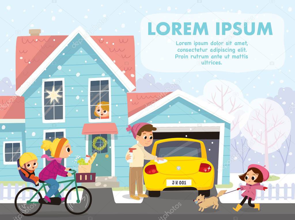 Family, people outdoor in winter on Christmas. Winter season,snowfall,cold outside. Children look out the window and play outdoors.Vector illustration.Girl walking dog.Mother with childs rides bicycle